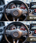 Before and after of Steering Wheel Button Sticker Cover Replacement for Mercedes Benz M Class G Class A B C E Class makeover.