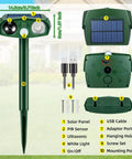 Ultrasonic Outdoor Animal Deterrent With Motion Sensor For Cats Squirrels And Other Critters Solar Powered Yard Shield Garden Repellent Waterproof Pest Defense Stake components and dimensions shown.