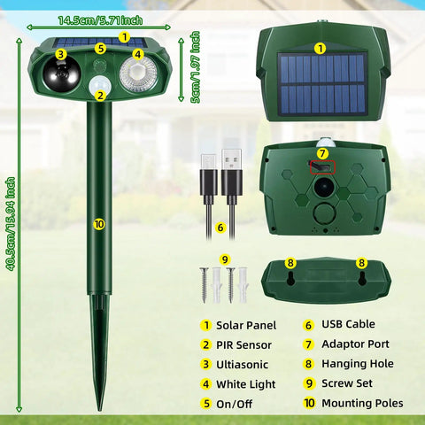 Ultrasonic Outdoor Animal Deterrent With Motion Sensor For Cats Squirrels And Other Critters Solar Powered Yard Shield Garden Repellent Waterproof Pest Defense Stake components and dimensions shown.