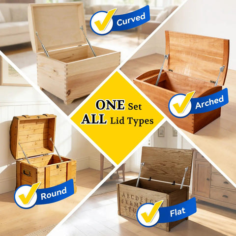 Soft Close Toy Box Hinges 200N Hydraulic for Wooden Chest Two Pack on various lid types including curved and flat in home setting.