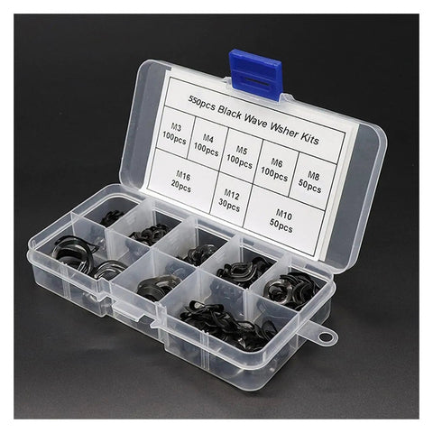 Heavy Duty Steel Ring Spring Washers Three Wave Gasket Kit 550 Pcs With M3 M4 M5 M6 M8 M10 M12 M16 Sizes, black case