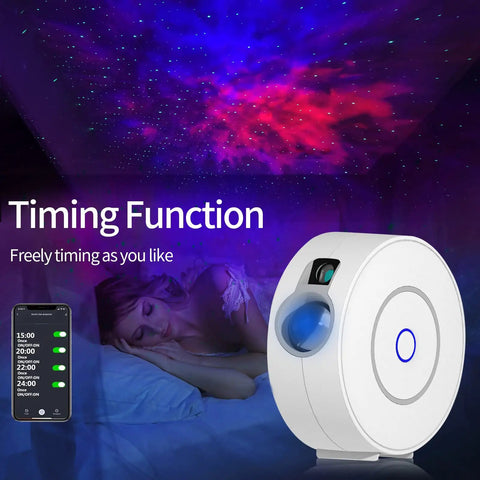 Smart Galaxy Star Projector With Nebula Night Light projecting stars and nebula on ceiling with phone app control.