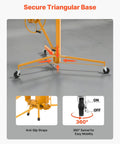 Drywall lift, yellow, front view showing adjustable telescoping arm, 16 ft reach, 150 lb capacity and lockable wheels.