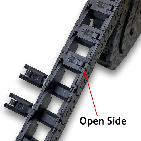 Close-up of 39.3 Inch Open Type Drag Chain Carrier Cable for CNC Router and 3D Printer R18 showing open side with connectors.