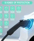 Portable 40 Amp NEMA 14 50 EV Charger With 9.6 kW Fast Charging, 25 Ft Cable, showing charging plug connected to electric car.