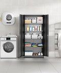 Black 72 Inch Tall Locking Steel Cabinet With Two Doors And Four Adjustable Shelves in a laundry room setting