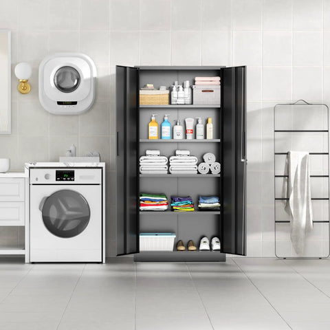 Black 72 Inch Tall Locking Steel Cabinet With Two Doors And Four Adjustable Shelves in a laundry room setting
