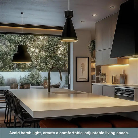 Modern kitchen with pendant lights, illustrating effect of Five Dimmer Switch Bundle For Home Lighting, 3-Way 4-Way And Single Pole.