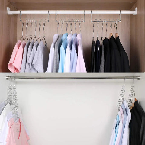 Space Saving Cloth Hangers Set of 12, Heavy Duty Metal Closet Organizer With Magic Hanger System in use with shirts and coats