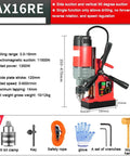 Hella Powerful 1000W Electric Magnetic Drill Press Built Badass For Steel Plate Drilling With Straight Up Industrial Performance and Smooth Bench Rig Operation Perfect For Shipyards And Shop Projects shown with various accessories and specifications.
