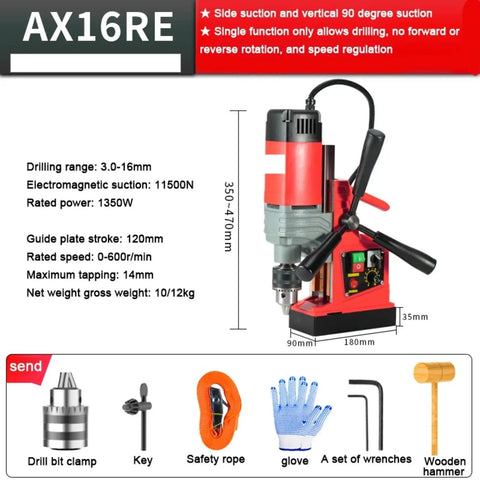 Hella Powerful 1000W Electric Magnetic Drill Press Built Badass For Steel Plate Drilling With Straight Up Industrial Performance and Smooth Bench Rig Operation Perfect For Shipyards And Shop Projects shown with various accessories and specifications.