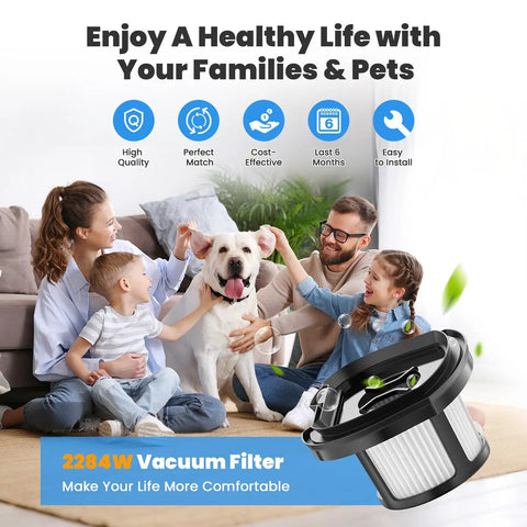 Family with dog enjoying clean home, showcasing 4 Pack Vacuum Replacement Filter Set For Pet Hair Eraser Hand Vacuum 2284W 2390 2389 2390A No Tools Required Compatible With Parts 1614212 1614203 1614204 Includes 4 Mesh Filters And 4 Foam Filters