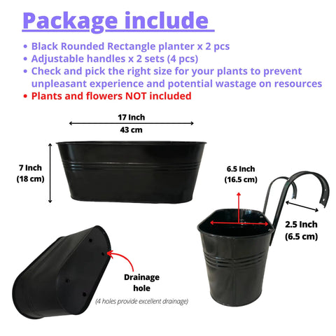 17 Inch Black Metal Deck Railing Planter Box 2 Pack Wall Hanging Flower Boxes For Outdoor Garden Window Boxes Fence Rail Buckets With Drainage Holes Modern Boho Style Patio Porch Decor, showing dimensions and drainage holes