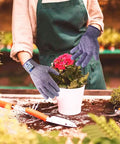 Gardener wearing Pro Chef Cut Resistant Kitchen Gloves EN388 Level 5, tending to a potted plant with gardening tools visible.