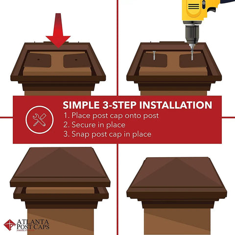Diagram showing simple 3-step installation of Brown 4x4 Pyramid Post Cap For Outdoor Fences And Decks, Fits 3.5x3.5 To 3.75x3.75 Posts.