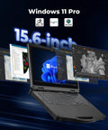 Built Like A Tank 15.6 Inch Rugged Laptop Running Windows 11 Pro with multiple application windows displayed.