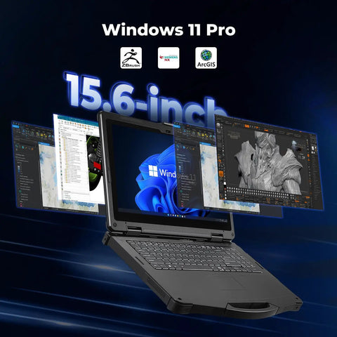 Built Like A Tank 15.6 Inch Rugged Laptop Running Windows 11 Pro with multiple application windows displayed.