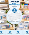 Clear Plastic Storage Bins With Tight Snap On Lids 6 Quart Stackable Boxes for organized bathroom essentials and office supplies.