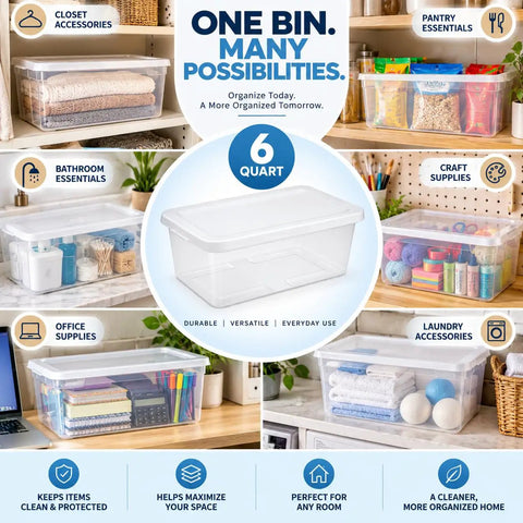 Clear Plastic Storage Bins With Tight Snap On Lids 6 Quart Stackable Boxes for organized bathroom essentials and office supplies.