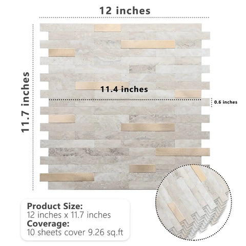 Peel And Stick Backsplash Tiles For Kitchen Beige With Metal Gold Finish 5 Sheets PVC Composite Heavy Duty Adhesive Scratch Resistant Easy To Install DIY Friendly Removable Without Damaging Walls, showing tile dimensions and coverage.