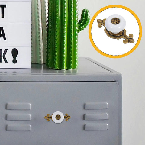 Dope Vintage Ceramic Cabinet Knobs With Antique Zinc Back Plate Retro Drawer Pulls installed on gray cabinet