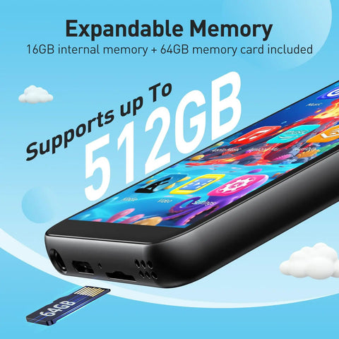 Kid Friendly MP3 Player With Bluetooth And WiFi 4 Inch Screen Music Player With Parental Controls showing expandable memory to 512GB