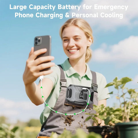 Woman using phone with Beast Mode Portable Waist Fan With 20000mAh Battery 5 Speeds Hands Free Belt Clip Fan for cooling