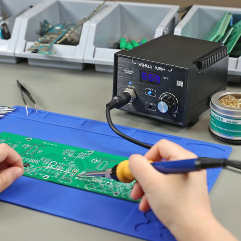Person using 939D Plus Digital Soldering Station With 75W Power, Precision Heat Control From 392 To 896 Fahrenheit, Built In Transformer