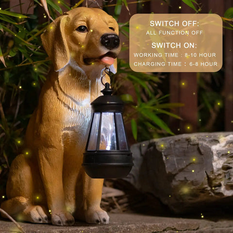 Golden Retriever Solar Dog Statue For Outdoor Decor With Lantern Lights in garden setting