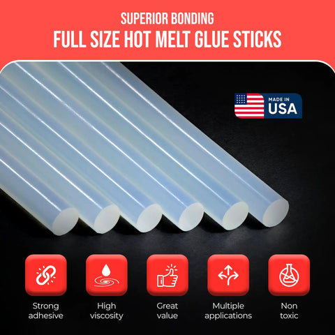 Industrial Grade Hot Melt Glue Sticks For Glue Guns, High Strength, Full Size 7/16 X 10 Inches, Made In USA packaging.