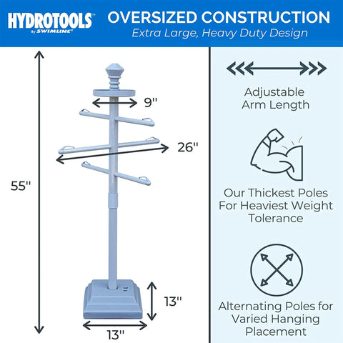 Premium Free Standing Poolside Towel Rack With Water Weighted Base All Weather Ready And Adjustable Three Arm Design.