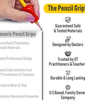 3 Step Pencil Grip Training Kit For Kids And Adults, hand holding red pencil grip, safety and quality features listed