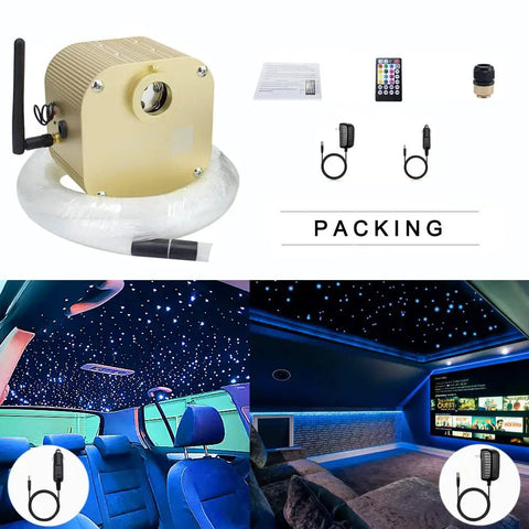 Bluetooth App Controlled 16W Twinkle Fiber Optic Star Ceiling Lighting Kit With 550 Strands Of 0.03 Inch Fiber 13.1 Feet RGBW Colors Music Sound Control Perfect For Home Indoor Or Car Interior Decor showing components and installed examples.