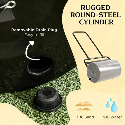 Close-up of versatile push and tow lawn roller with 10-gallon capacity, durable steel, black finish, removable drain plug.