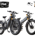 Kickass Dual Motor Electric Bike Bundle For Adults Featuring All Wheel Drive Fat Tire Ebike And Full Suspension With 48V 30Ah Long Range Battery And Roll Smooth Speed For Crushing Tough Trails Daily with two black bikes and accessories.