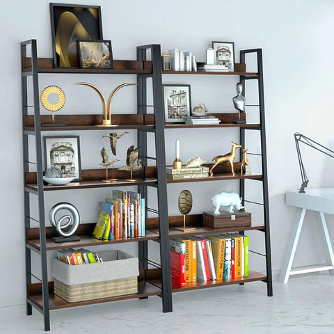Solid Five Tier Industrial Ladder Bookshelf In Rustic Brown, Steel Frame Leaning Rack For Plants And Daily Gear, Hella Sturdy Freestanding Floor Bookcase For Chill Living Rooms Or Crisp Home Studios