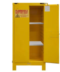 Hella Secure 60 Gallon Flammable Safety Cabinet With Double Wall Steel And Self Closing Doors, yellow, open view with shelves.
