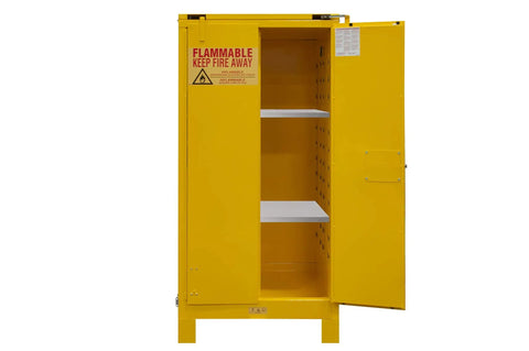 Hella Secure 60 Gallon Flammable Safety Cabinet With Double Wall Steel And Self Closing Doors, yellow, open view with shelves.