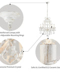 Five Light Crystal Candle Chandelier With Adjustable Chain And E12 Base For Bedroom Hallway Rustic White, showing canopy and crystal.