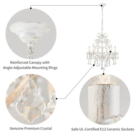 Five Light Crystal Candle Chandelier With Adjustable Chain And E12 Base For Bedroom Hallway Rustic White, showing canopy and crystal.