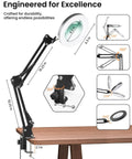 Hands Free Desk Magnifier With Light And Clamp, 10X Real Glass Lens, flexible arm positions, mounted on wood table