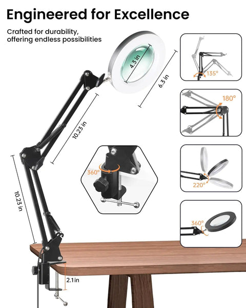 Hands Free Desk Magnifier With Light And Clamp, 10X Real Glass Lens, flexible arm positions, mounted on wood table