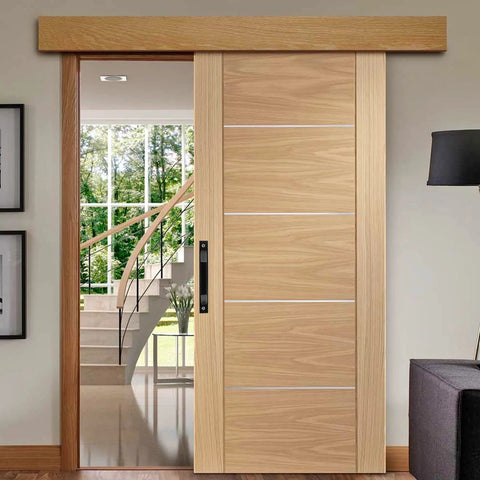 2 Pack Sliding Barn Door Handle 7.9 Inch Aluminum Alloy Door Pull For Sliding Barn Gate Cabinet Closet Drawer Garage Shed Black Finish on wooden sliding door installed inside home with visible staircase and greenery outside window.