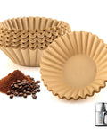 Heavy Duty Unbleached Paper Coffee Filters 100 Count Disposable Basket Style Brew Bags with coffee grounds and machine.