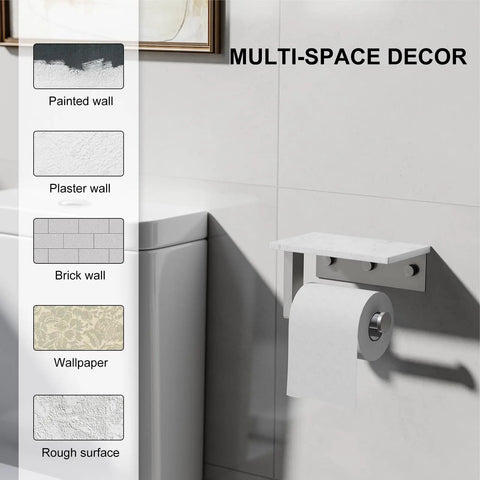 Rock Solid Brushed Nickel Toilet Paper Holder With Real Marble Shelf Wall Mount Tissue Dispenser Bathroom Upgrade on tiled wall.
