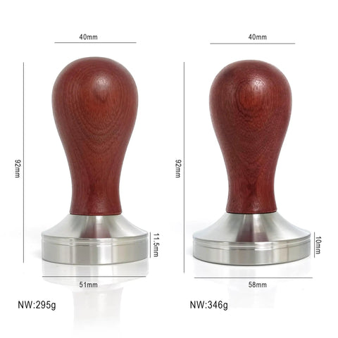 51mm Espresso Tamper With Rubber Mat Non Slip Base for Stable Tamping in stainless steel with wooden handle, shown with measurements