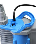 Top view of Submersible Clean Water Sump Pump One Third HP With Built In Automatic On Off And Adjustable Start Heights 1560 GPH 20 Foot Head Thermal Protector Copper Winding Hands Free Water Removal Portable Handle Heavy Duty Home And Workshop Drain Pump with blue handle and hose attachment