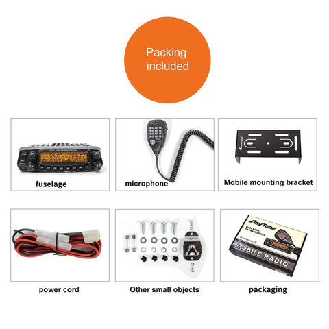 Packing contents for Dual Band Mobile Transceiver for Vehicles VHF 144 148 MHz and UHF 420 450 MHz With 50W VHF and 40W UHF Cross Band Repeat 758 Memory Channels Independent Volume and Squelch AT5888UV Compatible, showing transceiver unit, microphone, mounting bracket, power cord, screws, and packaging box.