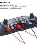 Heavy Duty Power Distribution Block Bus Bar With Four Positive And Four Negative Terminals Plus Insulated Ring Ends mounted with wires for high amp applications.