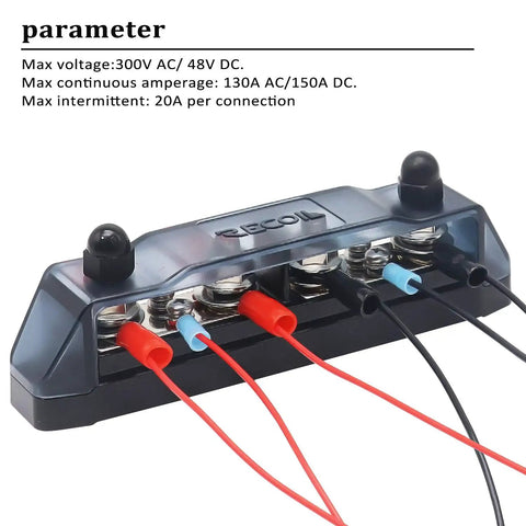 Heavy Duty Power Distribution Block Bus Bar With Four Positive And Four Negative Terminals Plus Insulated Ring Ends mounted with wires for high amp applications.